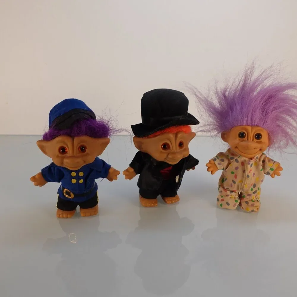 Vintage Lot of 3 Troll Dolls w/ Outfits Groom Policeman and Bunny 5 Inches Tall
